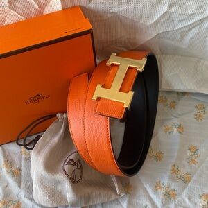 Double Sided Belt Metal Belt H Buckle Hermes Orange/Black
